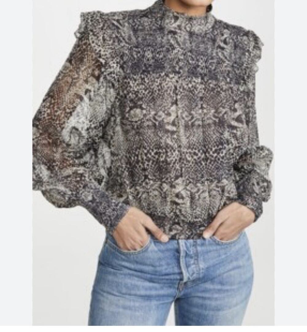 Free People Roma Blouse Sheer Chiffon Long Balloon Sleeve Snake Prnt S Boho